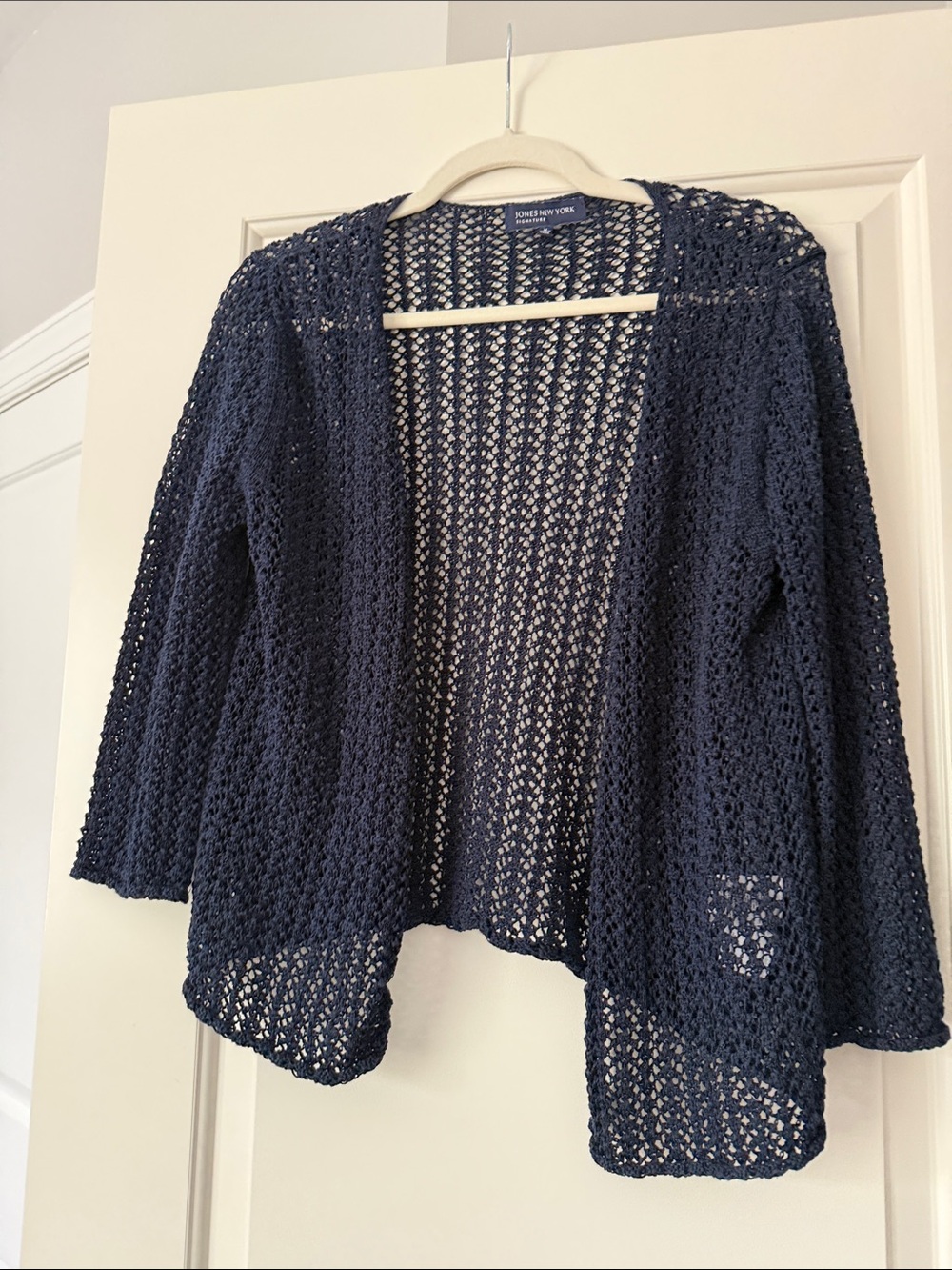 Jones New York Navy Open-Weave Crochet Cardigan